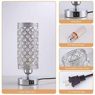 Yarra-Decor Crystal Bedside Table Lamp 3 Color Options Lamps for Bedroom Modern USB Nightstand Lamp with Silver Crystal Shade Decorative Lamps for Living Room, Kids Room(LED Bulb Included)