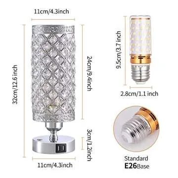 Yarra-Decor Crystal Bedside Table Lamp 3 Color Options Lamps for Bedroom Modern USB Nightstand Lamp with Silver Crystal Shade Decorative Lamps for Living Room, Kids Room(LED Bulb Included)