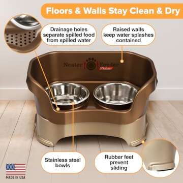 Neater Feeder Deluxe Mess Proof Dog Bowls Elevated Medium Sized Dog – Made in USA – No Spill Raised Dog Food Bowl Stand – Stainless Steel Dog Food and Water Bowl Set – Non-Tip & Non-Skid – Bronze