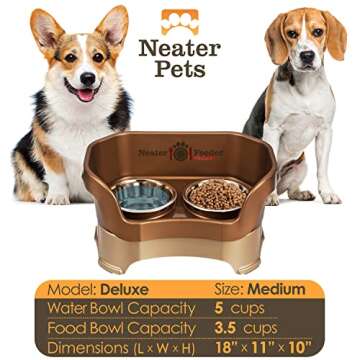 Neater Feeder Deluxe Mess Proof Dog Bowls Elevated Medium Sized Dog – Made in USA – No Spill Raised Dog Food Bowl Stand – Stainless Steel Dog Food and Water Bowl Set – Non-Tip & Non-Skid – Bronze