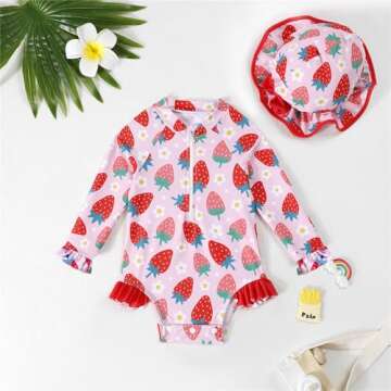 puseky Baby Girls One Piece Swimsuit Zip Rash Guard with Hat Set Ruffled Long Sleeve Cute Strawberry Bathing Suit 12-18 Months