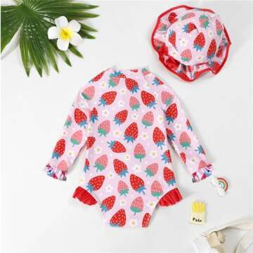puseky Baby Girls One Piece Swimsuit Zip Rash Guard with Hat Set Ruffled Long Sleeve Cute Strawberry Bathing Suit 12-18 Months