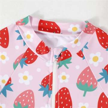 puseky Baby Girls One Piece Swimsuit Zip Rash Guard with Hat Set Ruffled Long Sleeve Cute Strawberry Bathing Suit 12-18 Months