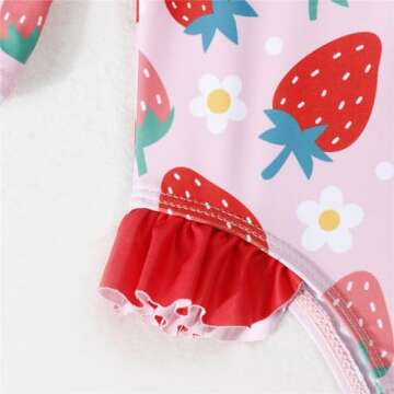 puseky Baby Girls One Piece Swimsuit Zip Rash Guard with Hat Set Ruffled Long Sleeve Cute Strawberry Bathing Suit 12-18 Months