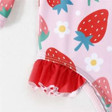 puseky Baby Girls One Piece Swimsuit Zip Rash Guard with Hat Set Ruffled Long Sleeve Cute Strawberry Bathing Suit 12-18 Months
