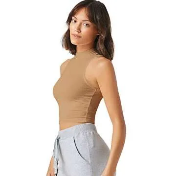 Verdusa Women's Casual High Neck Sleeveless Solid Crop Halter Tank Top Camel M