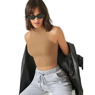 Verdusa Women's Casual High Neck Sleeveless Solid Crop Halter Tank Top Camel M