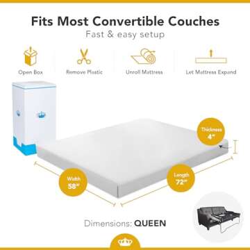 DynastyMattress Sofa Bed Mattress Queen Size 4-inch CoolBreeze Gel Memory Foam Sleeper for Convertib...