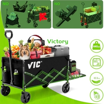 VIC Collapsible Folding Wagon 180L, Extra Long Extender Wagon Cart,Beach Wagon Cart Heavy Duty 440LBs Foldable, Utility Grocery Wagon with Side Pocket for Camping Garden Sports, V1max