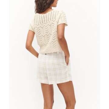 Crochet Tops for Women Knitted Summer Vest Hollow Out Button Down Shirts Short Sleeve Crop Tops Fashion Y2K Tee, Beige, Small