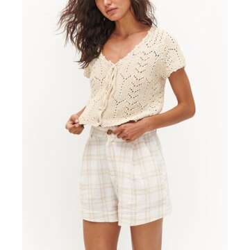 Crochet Tops for Women Knitted Summer Vest Hollow Out Button Down Shirts Short Sleeve Crop Tops Fashion Y2K Tee, Beige, Small