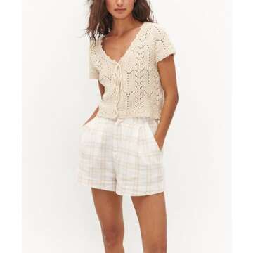 Crochet Tops for Women Knitted Summer Vest Hollow Out Button Down Shirts Short Sleeve Crop Tops Fashion Y2K Tee, Beige, Small