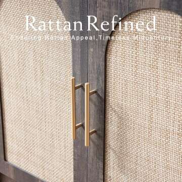 RowyPoey Arched Cabinet Bookshelf Bookcase - 69.3” Tall Mid Century Arched Display Cabinet, Rounded Bookshelf with Rattan Doors, Open Shelf Storage Cabinet for Dining Room (Dark Rustic Oak)