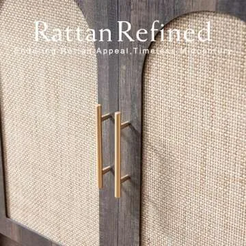 RowyPoey Arched Cabinet Bookshelf Bookcase - 69.3” Tall Mid Century Arched Display Cabinet, Rounded Bookshelf with Rattan Doors, Open Shelf Storage Cabinet for Dining Room (Dark Rustic Oak)