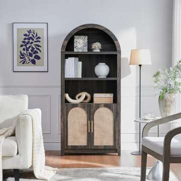 RowyPoey Arched Cabinet Bookshelf Bookcase - 69.3” Tall Mid Century Arched Display Cabinet, Rounded Bookshelf with Rattan Doors, Open Shelf Storage Cabinet for Dining Room (Dark Rustic Oak)