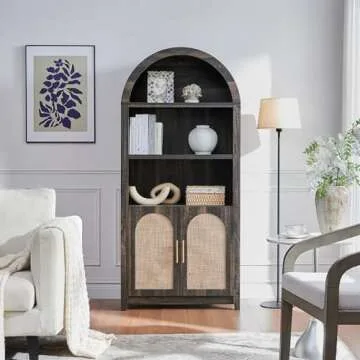 RowyPoey Arched Cabinet Bookshelf Bookcase - 69.3” Tall Mid Century Arched Display Cabinet, Rounded Bookshelf with Rattan Doors, Open Shelf Storage Cabinet for Dining Room (Dark Rustic Oak)