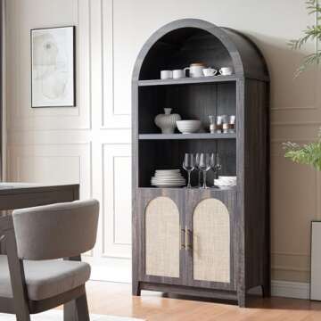 RowyPoey Arched Cabinet Bookshelf Bookcase - 69.3” Tall Mid Century Arched Display Cabinet, Rounded Bookshelf with Rattan Doors, Open Shelf Storage Cabinet for Dining Room (Dark Rustic Oak)