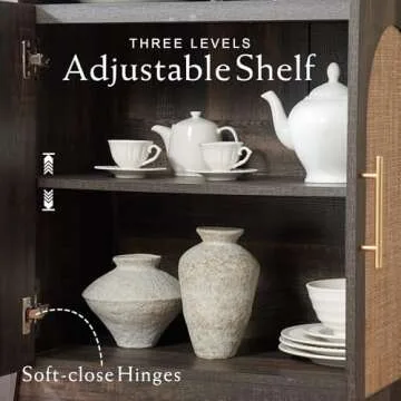 RowyPoey Arched Cabinet Bookshelf Bookcase - 69.3” Tall Mid Century Arched Display Cabinet, Rounded Bookshelf with Rattan Doors, Open Shelf Storage Cabinet for Dining Room (Dark Rustic Oak)