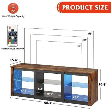 WLIVE LED 65-Inch TV Stand with Adjustable Glass Shelves
