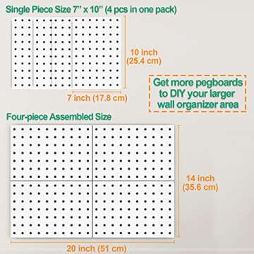 Small Pegboard with Adhesive Hooks, 4 Pcs Metal Pegboards Wall Organizer, No Damage to Wall, White Peg Boards for Wall Organizer and Storage for Kids' Room Crafts Room Kitchen Office Garage
