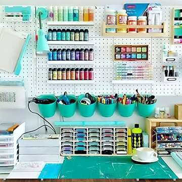 Small Pegboard with Adhesive Hooks, 4 Pcs Metal Pegboards Wall Organizer, No Damage to Wall, White Peg Boards for Wall Organizer and Storage for Kids' Room Crafts Room Kitchen Office Garage