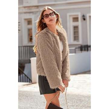 PRETTYGARDEN Women's 2024 Winter Coats Fleece Cropped Jacket Faux Fur Long Sleeve Pockets Shaggy Warm Outerwear Fall Clothes (Khaki,Small)