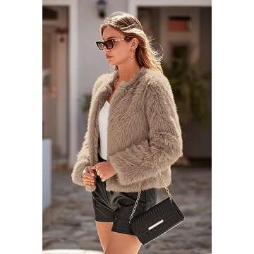 PRETTYGARDEN Women's 2024 Winter Coats Fleece Cropped Jacket Faux Fur Long Sleeve Pockets Shaggy Warm Outerwear Fall Clothes (Khaki,Small)