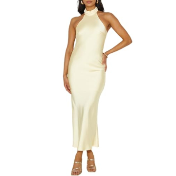 PHICIA Sexy Satin Halter Neck Backless Maxi Dress - Elegant Wedding Guest Dress