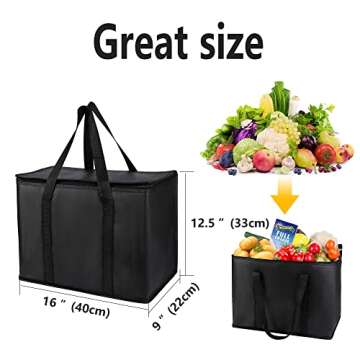 musbus 2-Pack, XL-Large Insulated Grocery shopping bags, Black, reusable bag,thermal zipper,Collapsible,tote,cooler,food transport hot and cold,camping,Recycled Material delivery groceries