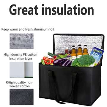 musbus 2-Pack, XL-Large Insulated Grocery shopping bags, Black, reusable bag,thermal zipper,Collapsible,tote,cooler,food transport hot and cold,camping,Recycled Material delivery groceries