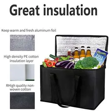 musbus 2-Pack, XL-Large Insulated Grocery shopping bags, Black, reusable bag,thermal zipper,Collapsible,tote,cooler,food transport hot and cold,camping,Recycled Material delivery groceries