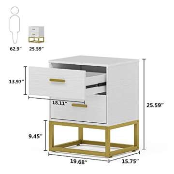 Tribesigns 2 Drawers Nightstand Set, 2 Pack White Gold NightStand Bedside Table Sofa Side Table (White 2pcs)