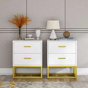 Tribesigns 2 Drawers Nightstand Set, 2 Pack White Gold NightStand Bedside Table Sofa Side Table (White 2pcs)