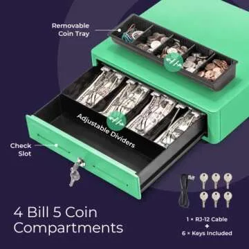Volcora Cash Register Drawer for (POS) Point of Sale System with Round Corner 13", Removable Coin Tray, 4 Bill/5 Coin, 24V, RJ11/RJ12 Key-Lock, Media Slot,Cash Till, for Business, Green