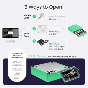 Volcora Cash Register Drawer for (POS) Point of Sale System with Round Corner 13", Removable Coin Tray, 4 Bill/5 Coin, 24V, RJ11/RJ12 Key-Lock, Media Slot,Cash Till, for Business, Green