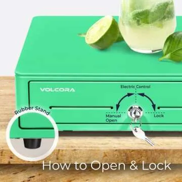 Volcora Cash Register Drawer for (POS) Point of Sale System with Round Corner 13", Removable Coin Tray, 4 Bill/5 Coin, 24V, RJ11/RJ12 Key-Lock, Media Slot,Cash Till, for Business, Green