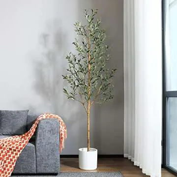 OAKRED Artificial Olive Tree, 7FT Tall Fake Silk Plants with Natural Wood Trunk Faux Potted Tree for Home Decor Indoor Office Porch, Set of 1