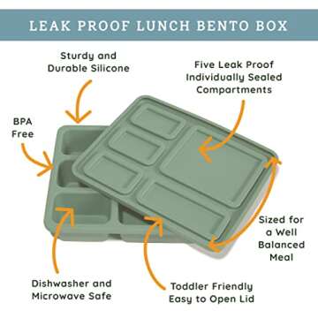 Austin Baby Co Leak-Proof Bento Lunch Box for Kids – Silicone Kids Lunch Container with 5 Leakproof Compartments – Food-Safe Materials, Sturdy, Dishwasher Safe, and BPA Free