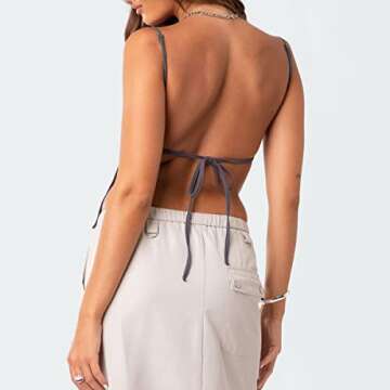 Michellecmm Women Tank Top Y2K Backless Crop Top Vintage Tie Up Spaghetti Strap Camisoles Sleeveless Cami Tops Streetwear