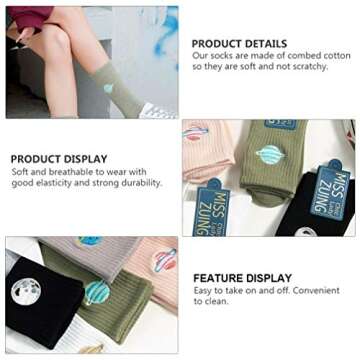 KESYOO 5 Pairs Women Cotton Planet Socks Mid-Tube Embroidered Socks Fashion Daily Casual Crew Socks ...