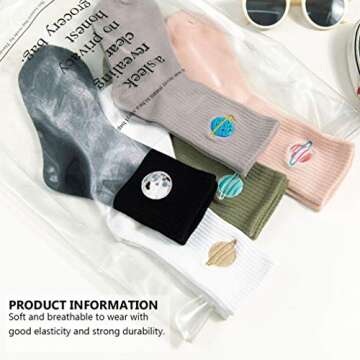 KESYOO 5 Pairs Women Cotton Planet Socks Mid-Tube Embroidered Socks Fashion Daily Casual Crew Socks for Womens & Girls