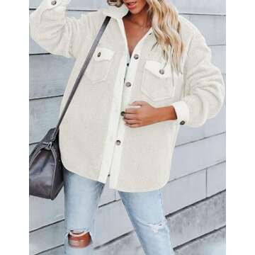 ZESICA Womens Winter Casual Sherpa Fleece Jacket Long Sleeve Button Solid Warm Fuzzy Outwear Coat Pockets,Beige,Small