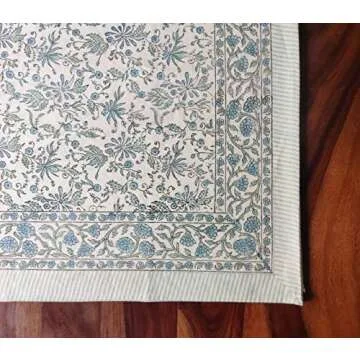 ATOSII Aster Blue 100% Cotton Rectangle Boho Fall Tablecloth, Handblock Floral Table Cloth Linen for Kitchen Dining I Parties Wedding Outdoors Christmas Thanksgiving I Fall Home Decor 60 X 108 Inches