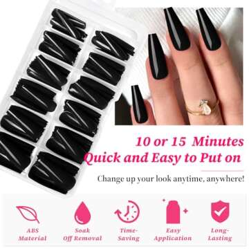 100pc Colored Coffin Press on Nails Long Ballerina False Fake Nail Tips Full Cover Manicure Design Acrylic Nails for Women Teen Girls (Black)