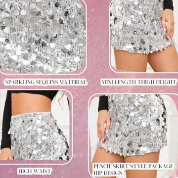 Sequin Skirt for Women Stretchy Bodycon Mini Skirts Sexy Sparkly Skirt Glitter Shiny Skirt Night Out Party Sliver