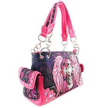 Zelris Camouflage Shine Glow Cross Wings Women Conceal Carry Handbag (Hot Pink)