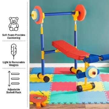 Hey! Play! Kids Weight Bench Set - Toddler Gym for Beginner Exercises and Weightlifting with Leg Press and Barbell - Toys for Ages 3 and Up Medium
