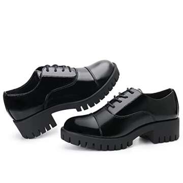 JABASIC Women Platform Oxford Shoes Mid Heel Lace-up Oxfords (6,Black)