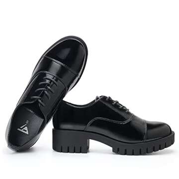 JABASIC Women Platform Oxford Shoes Mid Heel Lace-up Oxfords (6,Black)