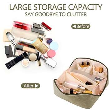 BAKLUCK Makeup Travel Bag Large Capacity Travel Cosmetic Bag PU Leather Makeup Bag With Compartments Portable Waterproof Cosmetic Travel Bag for Women with Handle and Divider Green